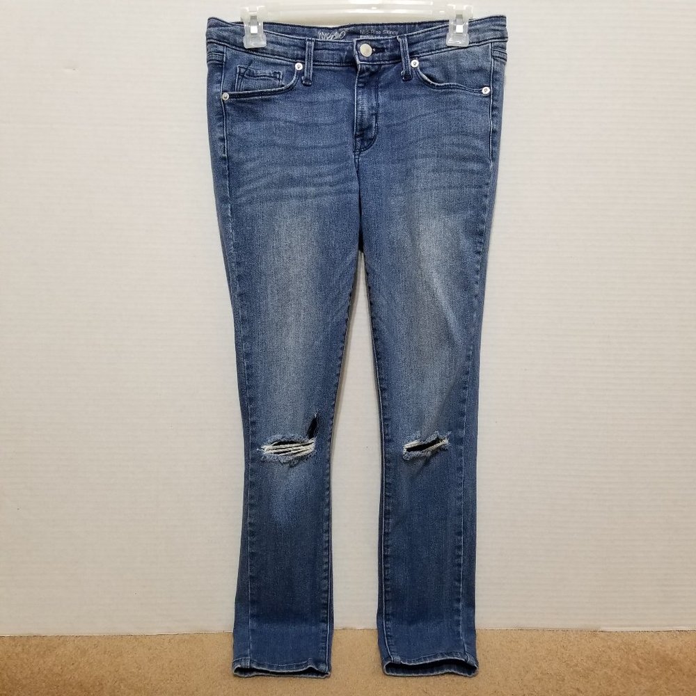 Mossimo jeans 6/28 Mid-Rise skinny denim whiskered ripped knee distressed